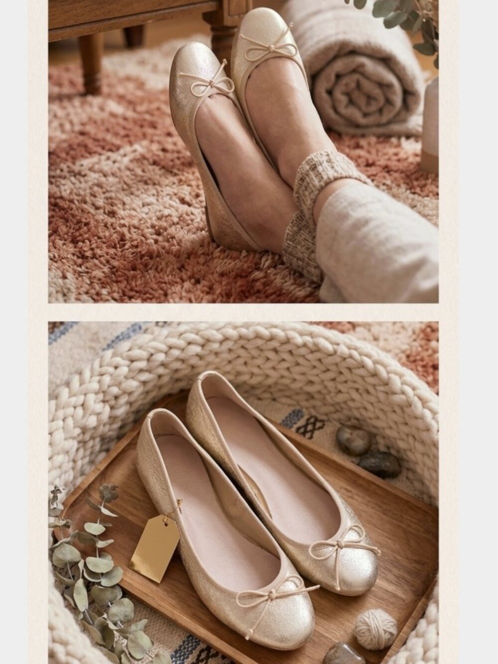 Vintage Zara Bow Tie Front Ballet Flats in Metallic Cream- Size 38 Euro